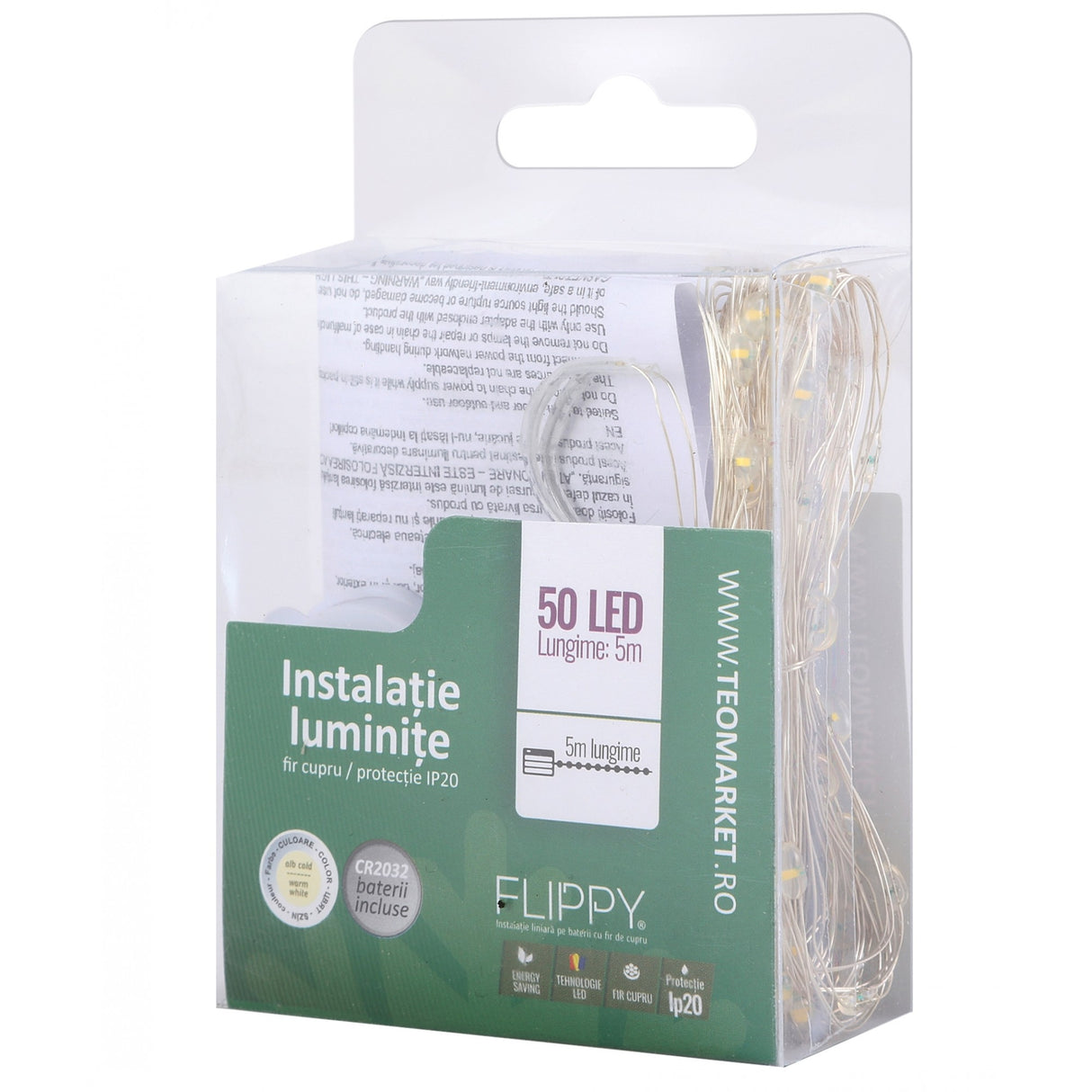 Instalatie Craciun, 5 metri, 50 LED-uri, alb cald, cu baterii, fir cupru, liniar, interior/exterior, Flippy - vivimall.ro