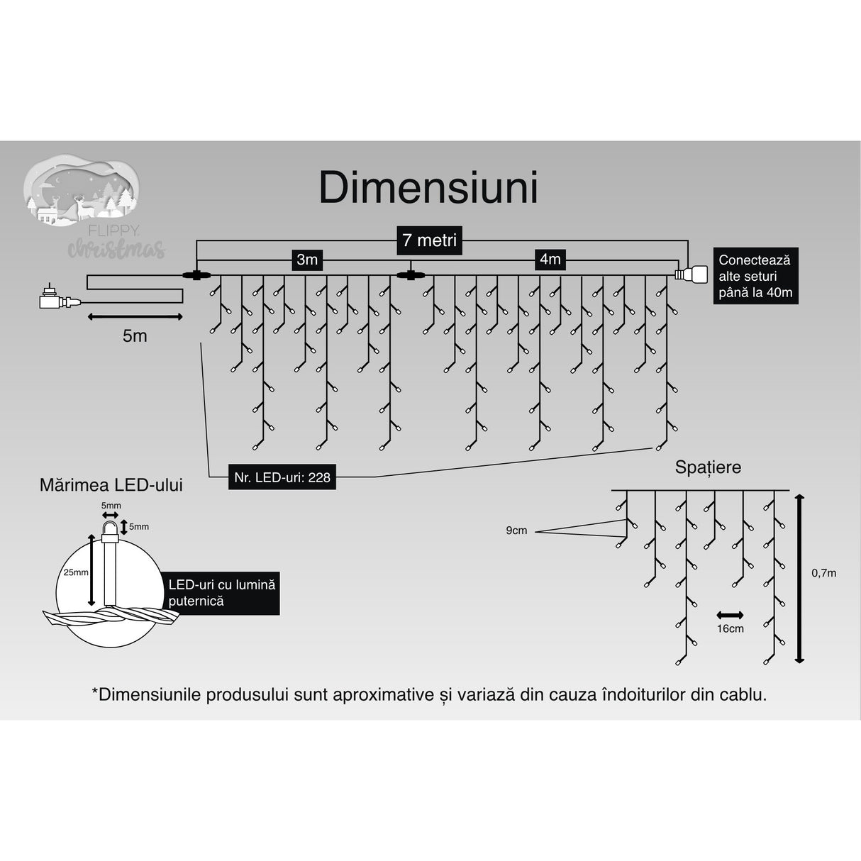 Instalatie Craciun, 7 M, 228 Led-Uri,Franjuri, Alb Cald, Flash, Transformator Cu Telecomanda, Interconectabila, Prelungitor 5 M Inclus, Fir