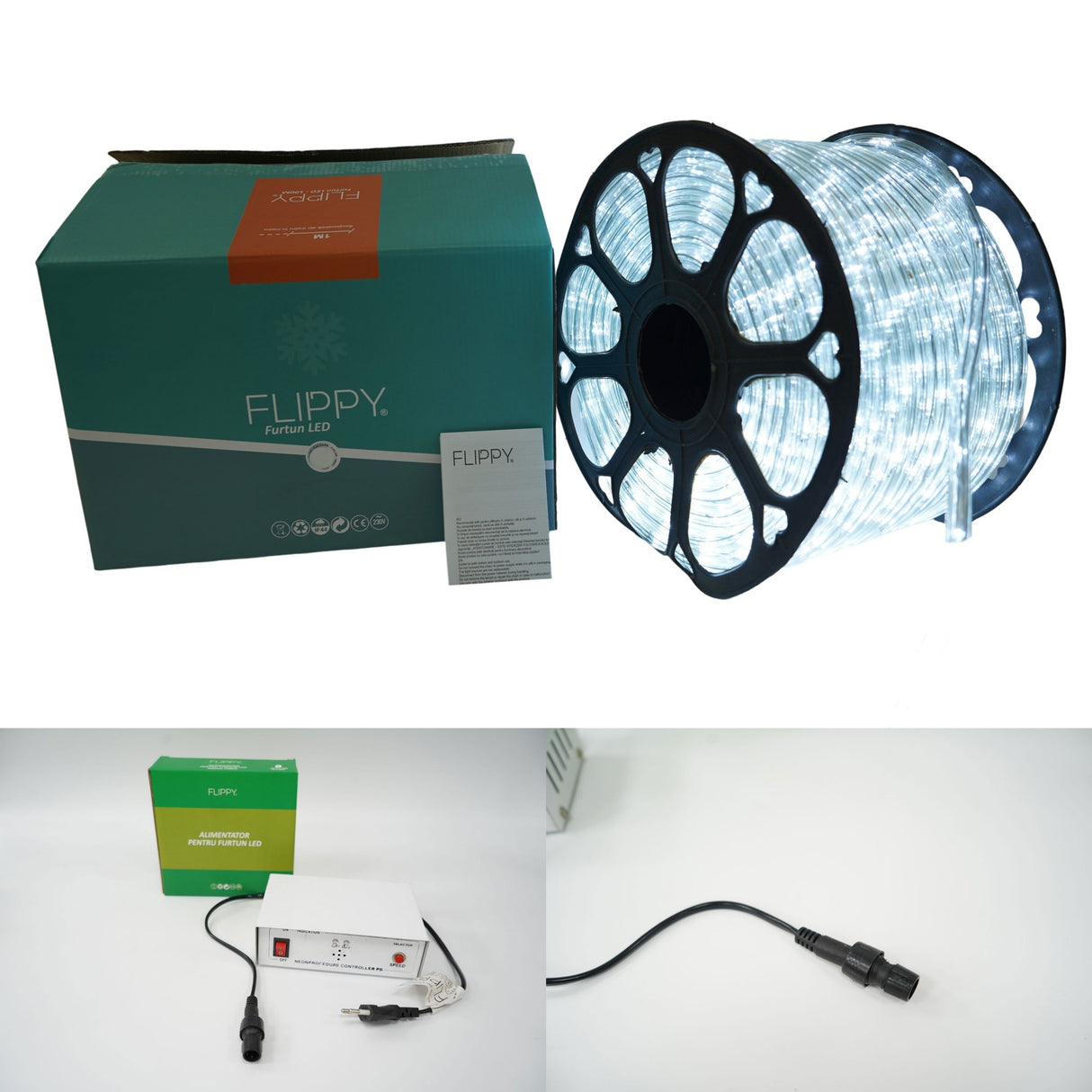 Instalatie Craciun, 98 m, 2352 Led-uri, Furtun Luminos, Alb rece, Transformator, 8 jocuri de lumini, Sectionabila, 220 V, Vivimall - vivimall.ro