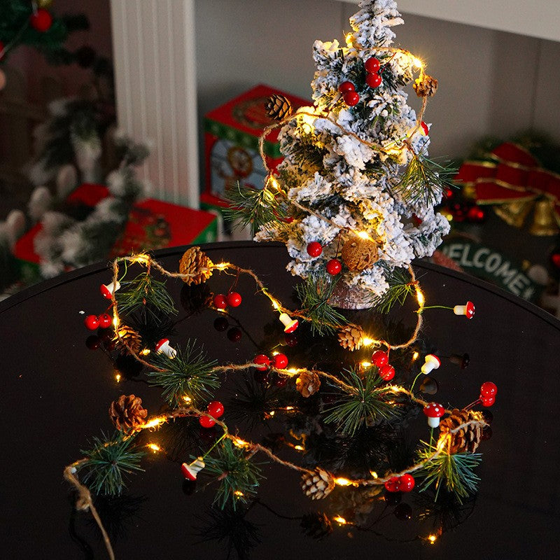 Instalatie Craciun cu baterii, 2 metri, 20 LED-uri tip Ace, conuri de pin si ciuperci, Alb Cald, Vivimall - vivimall.ro