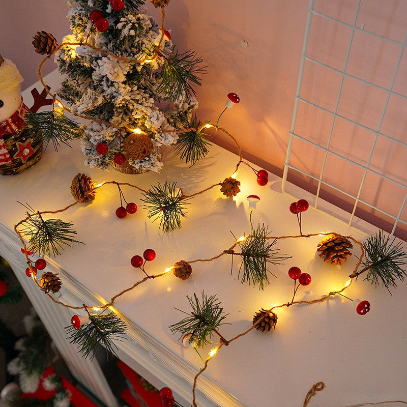 Instalatie Craciun cu baterii, 2 metri, 20 LED-uri tip Ace, conuri de pin si ciuperci, Alb Cald, Vivimall - vivimall.ro