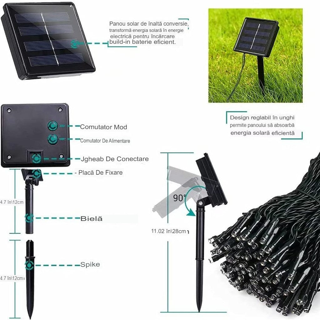 Instalatie Craciun Vivimall, 32 metri, 300 de LED-uri, cu Energie Solara, Fir de Cupru, Liniar, Interior/Exterior, Multicolor - vivimall.ro