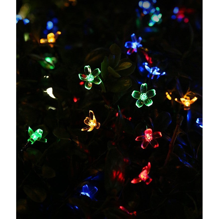 Instalatie Craciun, Vivimall, 5 metri, 20 Becuri LED tip Flori de cires, pentru exterior cu incarcare solara, Multicolor - vivimall.ro