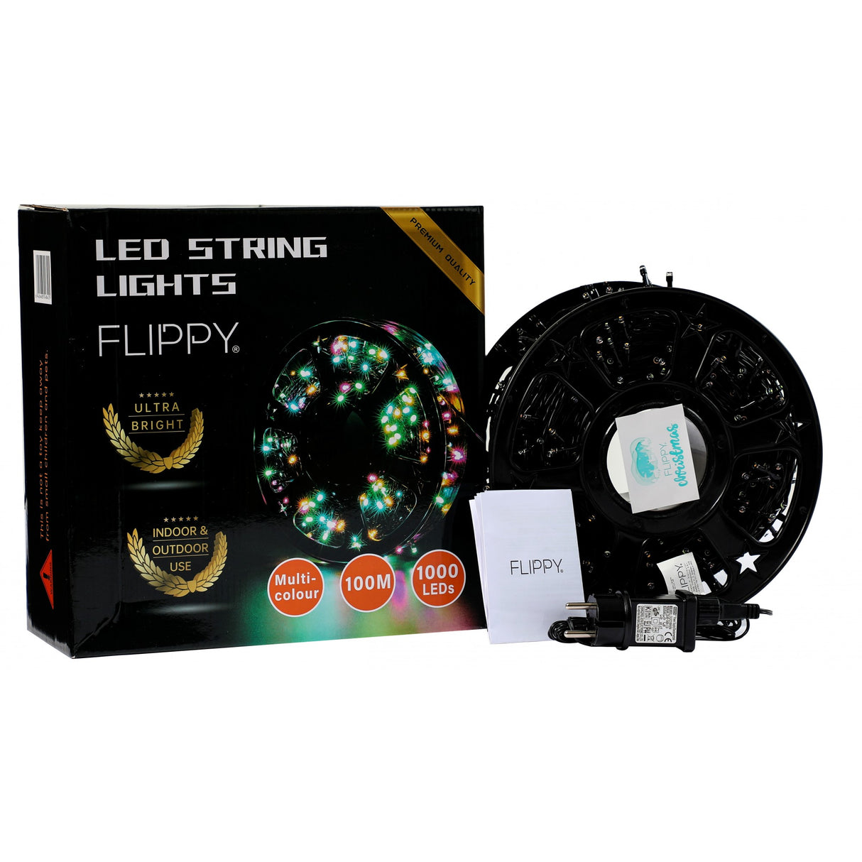 Instalatie Craciun liniara cu transformator, 100m, multicolor, 1000 LED-uri, fir negru, 8 jocuri de lumini, Vivimall - vivimall.ro