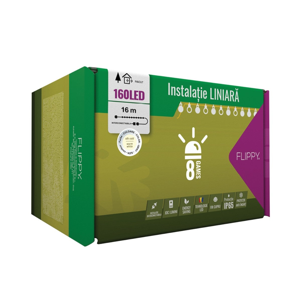 Instalatie Craciun Profesionala de Exterior IP65, 16 m, 160 Led-uri Mari ,Liniara, Alb cald, Interconectabila, Prelungitor 6.5 m inclus, Fir Negru, Vivimall - vivimall.ro