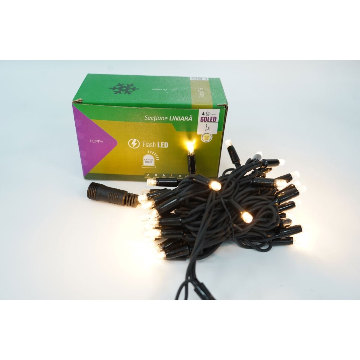 Instalatie Craciun Profesionala de Exterior IP65, 5 m, 50 Led-uri Mari ,Liniara, Alb cald, Interconectabila, Prelungitor 6.5 m inclus, Fir Negru, Vivimall - vivimall.ro