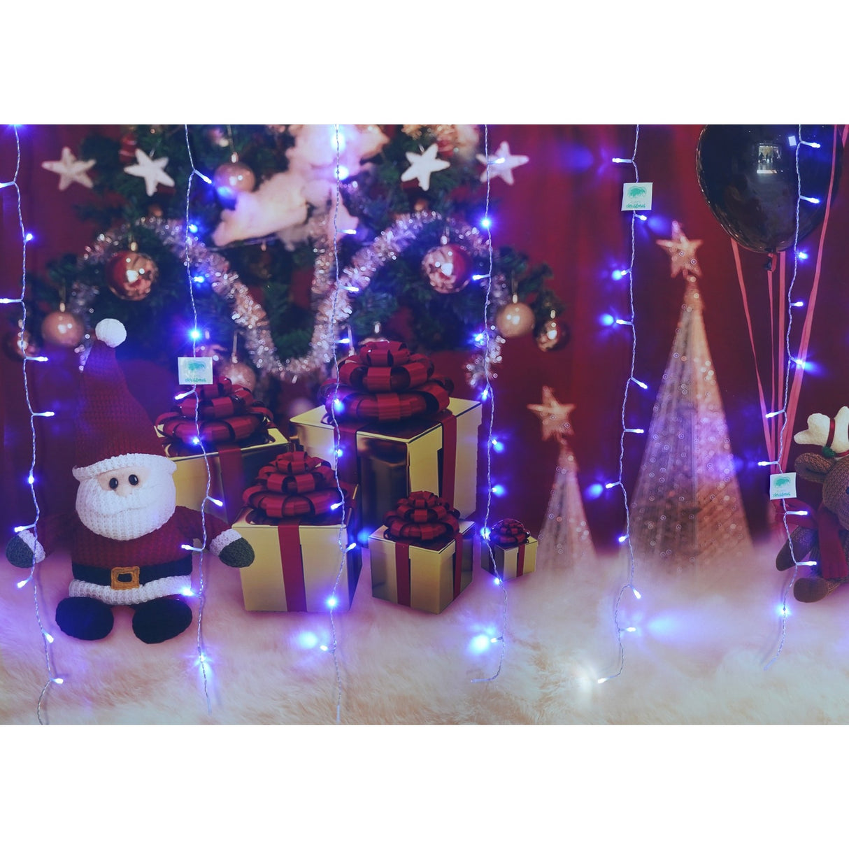 Instalatie Craciun, Tip Perdea, IP44, 2 m x 1 m, 120 LED-uri, Albastru, 8 jocuri de lumini, Transformator, Interconectabila, Prelungitor 5 m inclus, Fir transparent, Interior/ Exterior, Vivimall - vivimall.ro