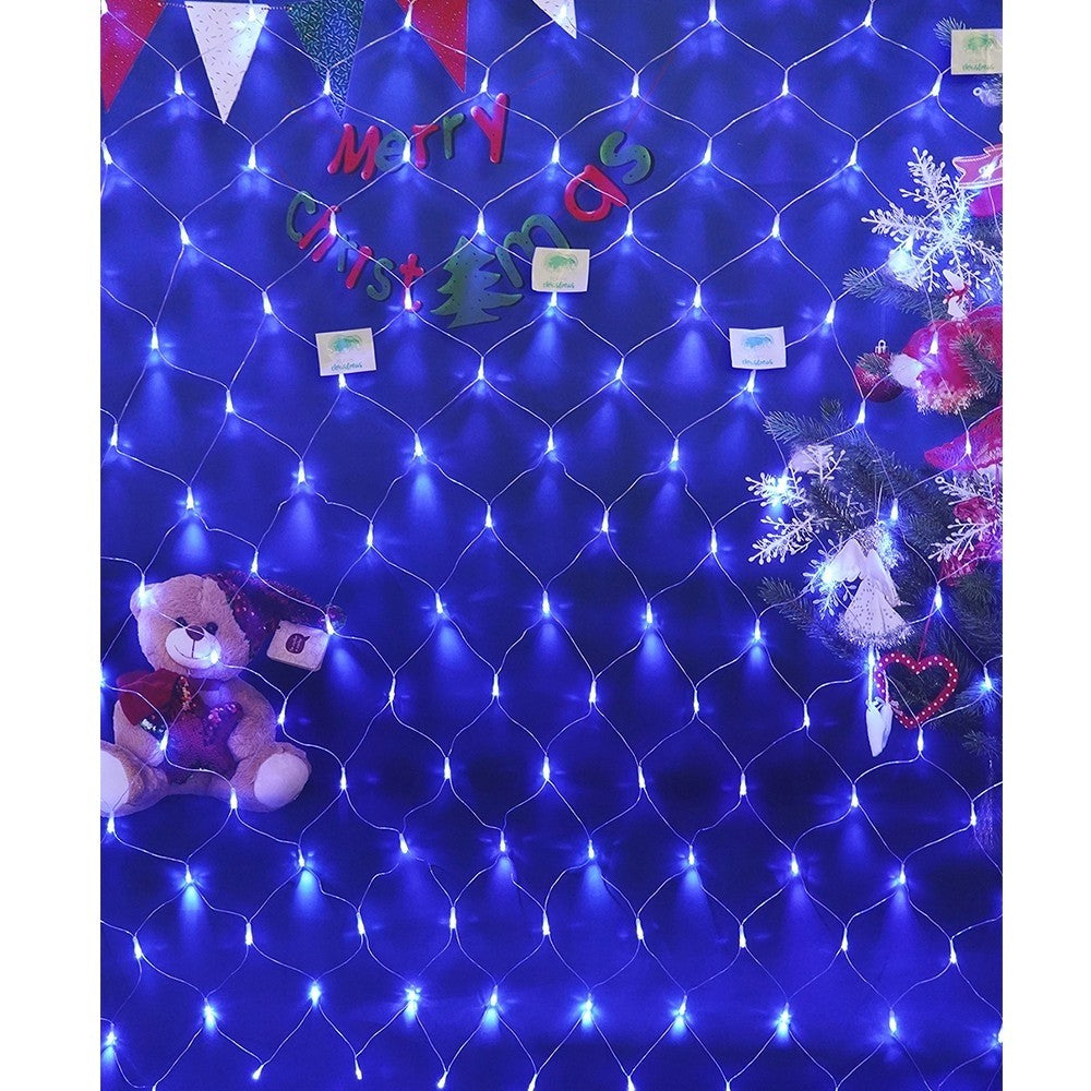 Instalatie Craciun, Tip Plasa, 1 m x 2 m, 80 LED-uri, Albastru, 8 jocuri de lumini, Transformator, Interconectabila, Prelungitor 3 m inclus, Fir transparent, Vivimall - vivimall.ro