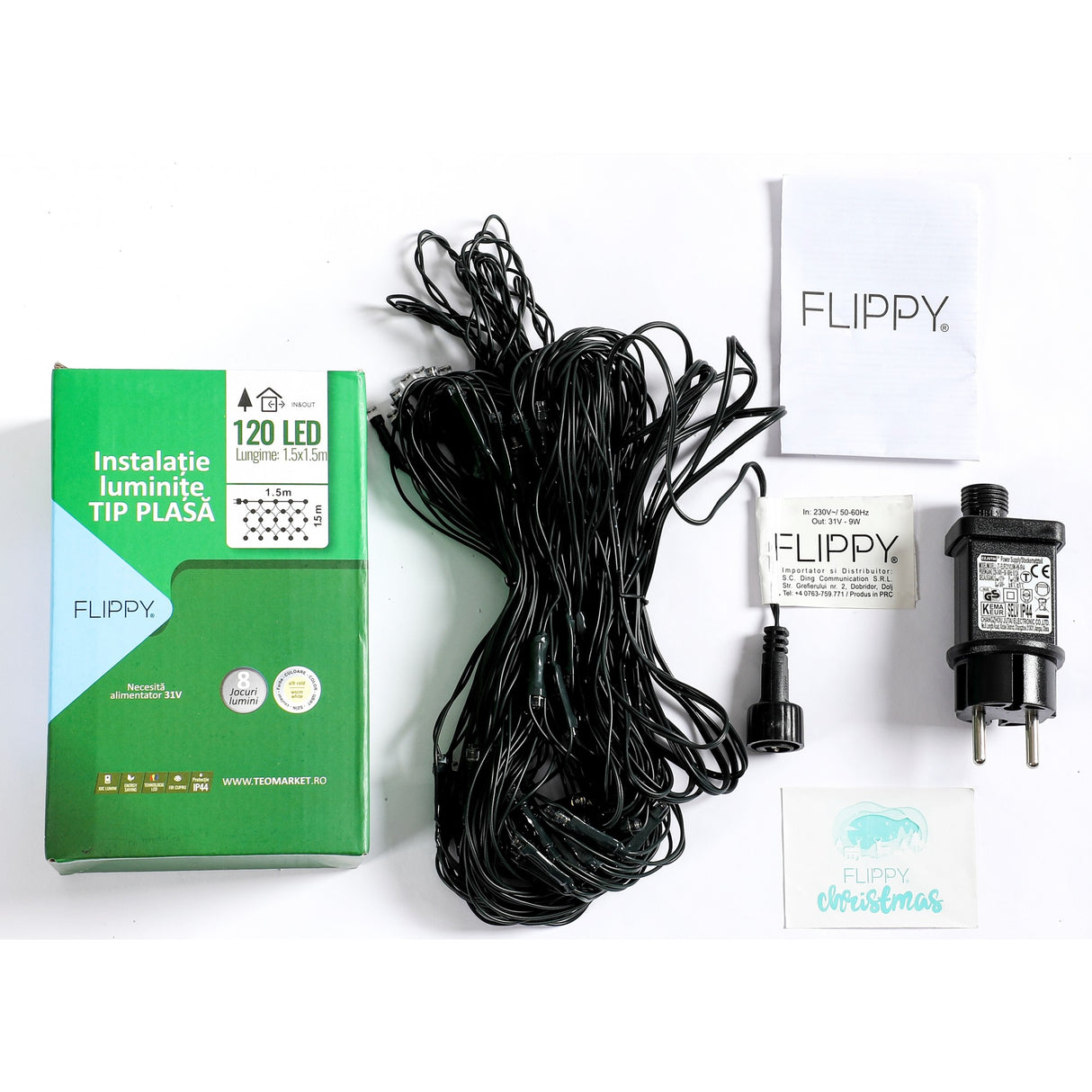 Instalatie Craciun tip plasa, cu transformator 31V, 1.5 m x 1.5 m, Alb Cald, 120 LED-uri V5, 8 jocuri de lumini, fir verde, Vivimall - vivimall.ro