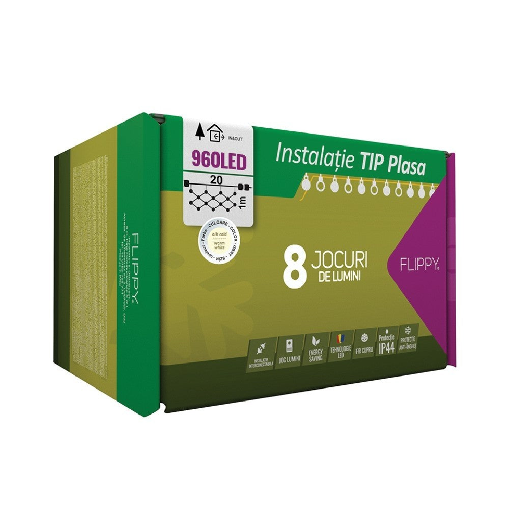 Instalatie Craciun, Tip Plasa, IP 44, 20 x 1 m, 960 LED-uri, Alb cald, 8 jocuri de lumini, Transformator cu telecomanda, Interconectabila, Prelungitor 3 m inclus, Fir transparent, Flippy - vivimall.ro