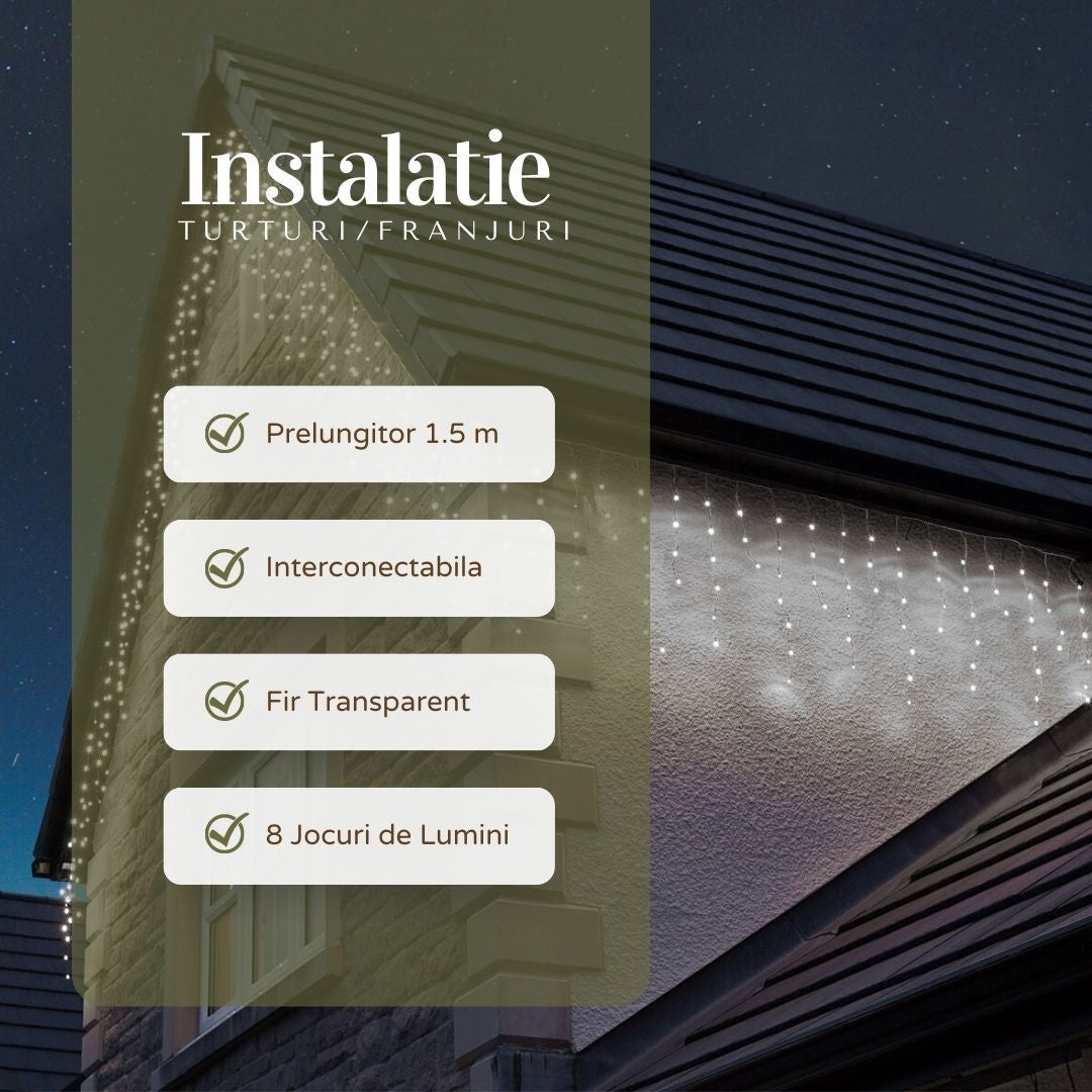 Instalatie Craciun Yoto, Tip Franjuri/Turturi, 12 m, 300 LED-uri, Prelungitor 1.5 m, 8 Jocuri de Lumini, Interconectabila, Conectare la Retea, Fir transparent, Interior/Exterior, Alb Rece - vivimall.ro