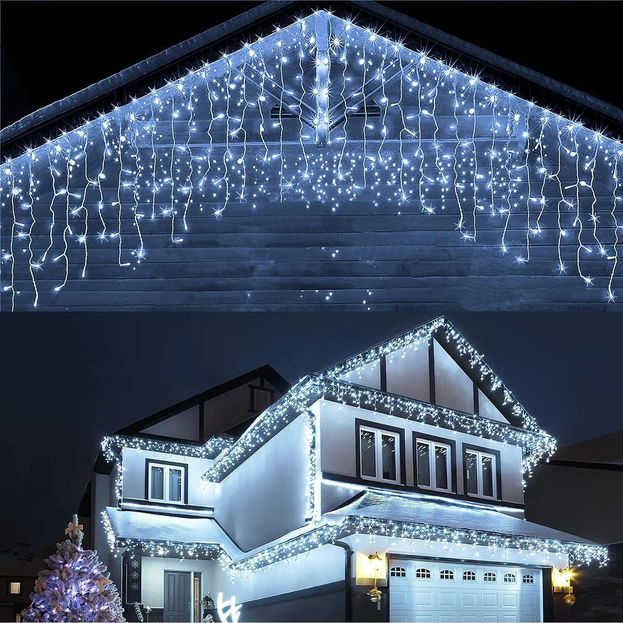 Instalatie Craciun Yoto, Tip Franjuri/Turturi, 12 m, 300 LED-uri, Prelungitor 1.5 m, 8 Jocuri de Lumini, Interconectabila, Conectare la Retea, Fir transparent, Interior/Exterior, Alb Rece - vivimall.ro