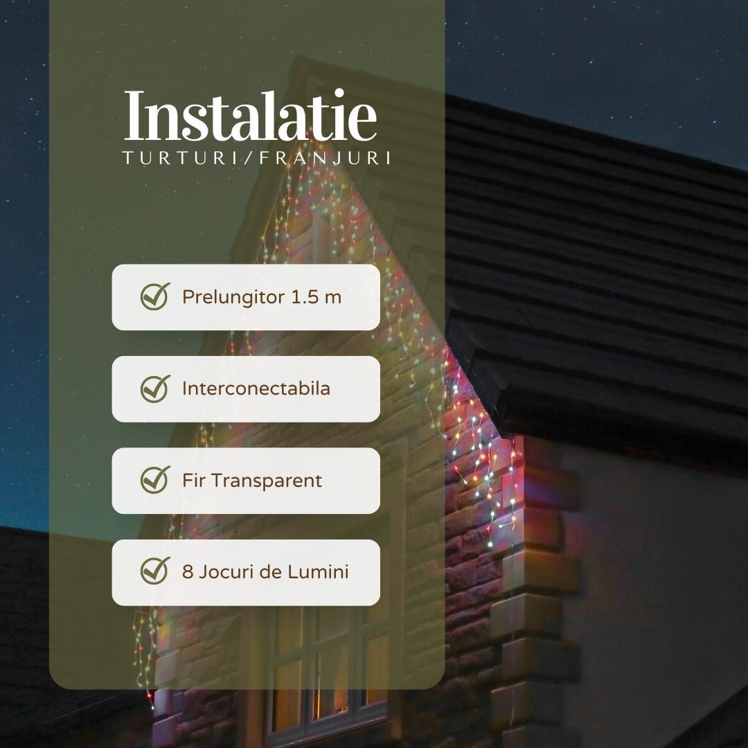 Instalație LED franjuri Yoto multicolor aprinsă, efect luminos detaliu turturi
