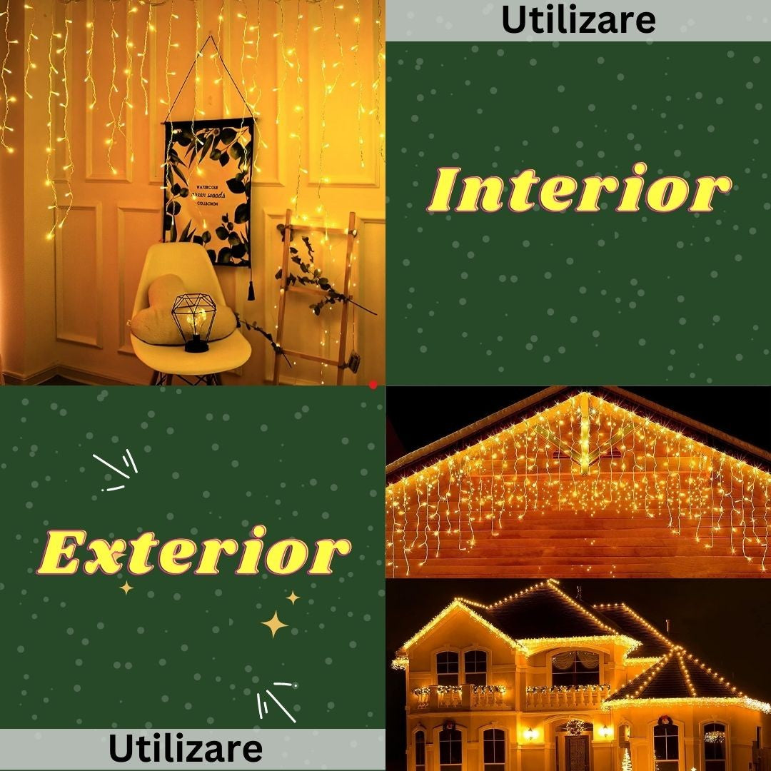 Instalatie Craciun Yoto, Tip Franjuri/Turturi, 4 m, 120 LED-uri, Prelungitor 1.5 m, 8 Jocuri de Lumini, Interconectabila, Conectare la Retea, Fir transparent, Interior/Exterior, Alb Cald - vivimall.ro