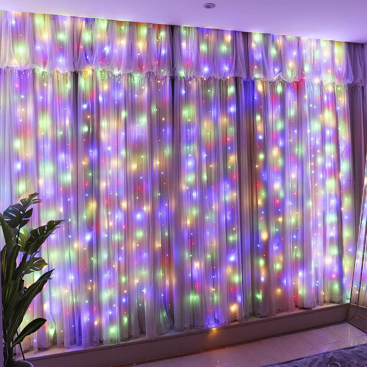 Instalație perdea Crăciun Yoto 3x2 m cu 240 LED-uri multicolor, vedere frontală completă