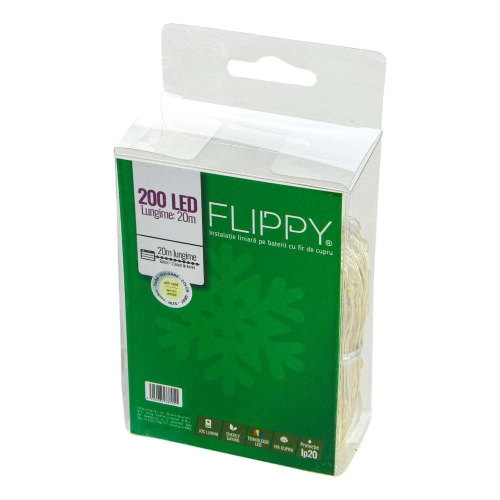 Instalatie de Craciun, Liniara, 20 m, Baterii, 200 LED-uri, Alb Cald, Fir Cupru, 2 Jocuri de Lumini, Interior/Exterior Vivimall - vivimall.ro