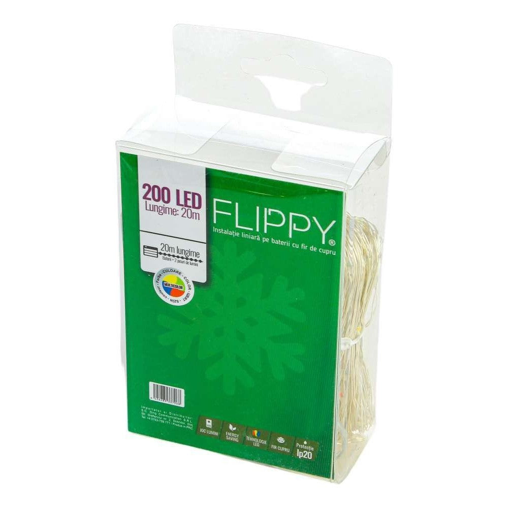 Instalatie de Craciun, Liniara, 20 m, Baterii, 200 LED-uri, Multicolor, 2 Jocuri de Lumini, Fir Cupru, Interior/Exterior, Vivimall - vivimall.ro