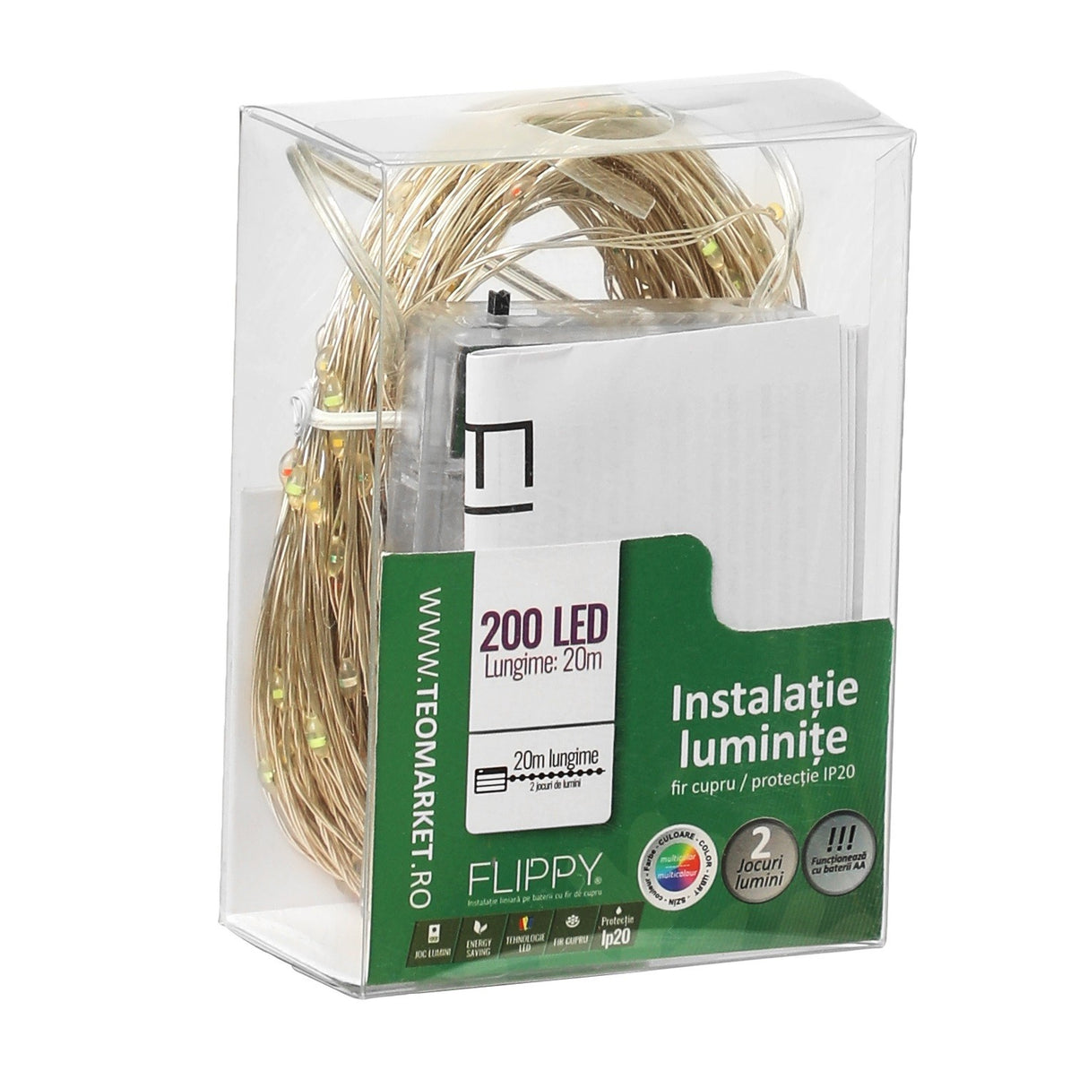 Instalatie de Craciun, Liniara, 20 m, Baterii, 200 LED-uri, Multicolor, 2 Jocuri de Lumini, Fir Cupru, Interior/Exterior, Vivimall - vivimall.ro