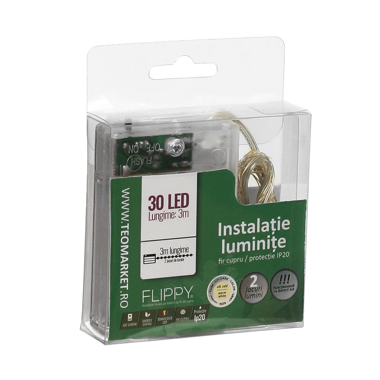 Instalatie de Craciun cu Baterii Tip Liniar, 2 jocuri de lumini, Fir Cupru 3 m 30 LED -uri, Alb Cald - vivimall.ro