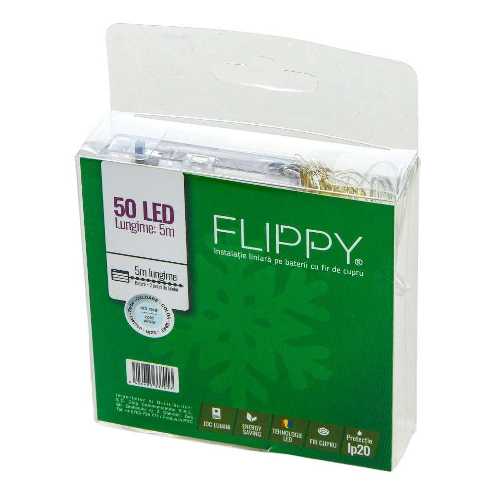 Instalatie de Craciun cu Baterii Tip Liniar, 2 jocuri de lumini, Fir Cupru 5 m 50 LED -uri, Alb Rece - vivimall.ro