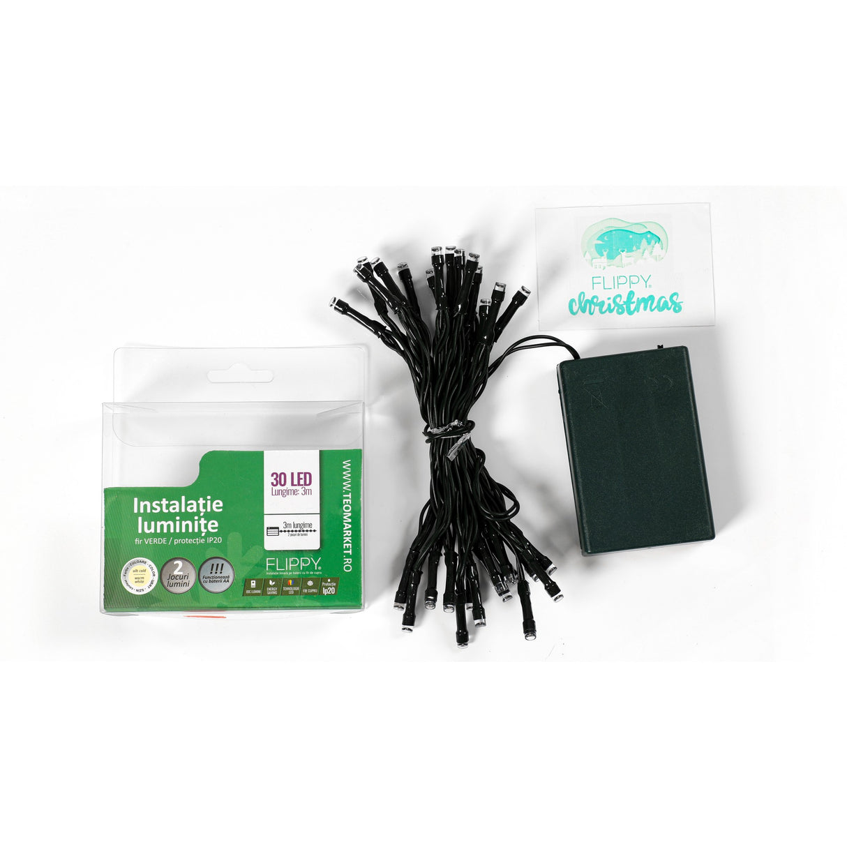 Instalatie de Craciun cu Baterii Tip Liniar, 2 jocuri de lumini, Fir Verde 3 m 30 LED -uri, Alb Cald - vivimall.ro