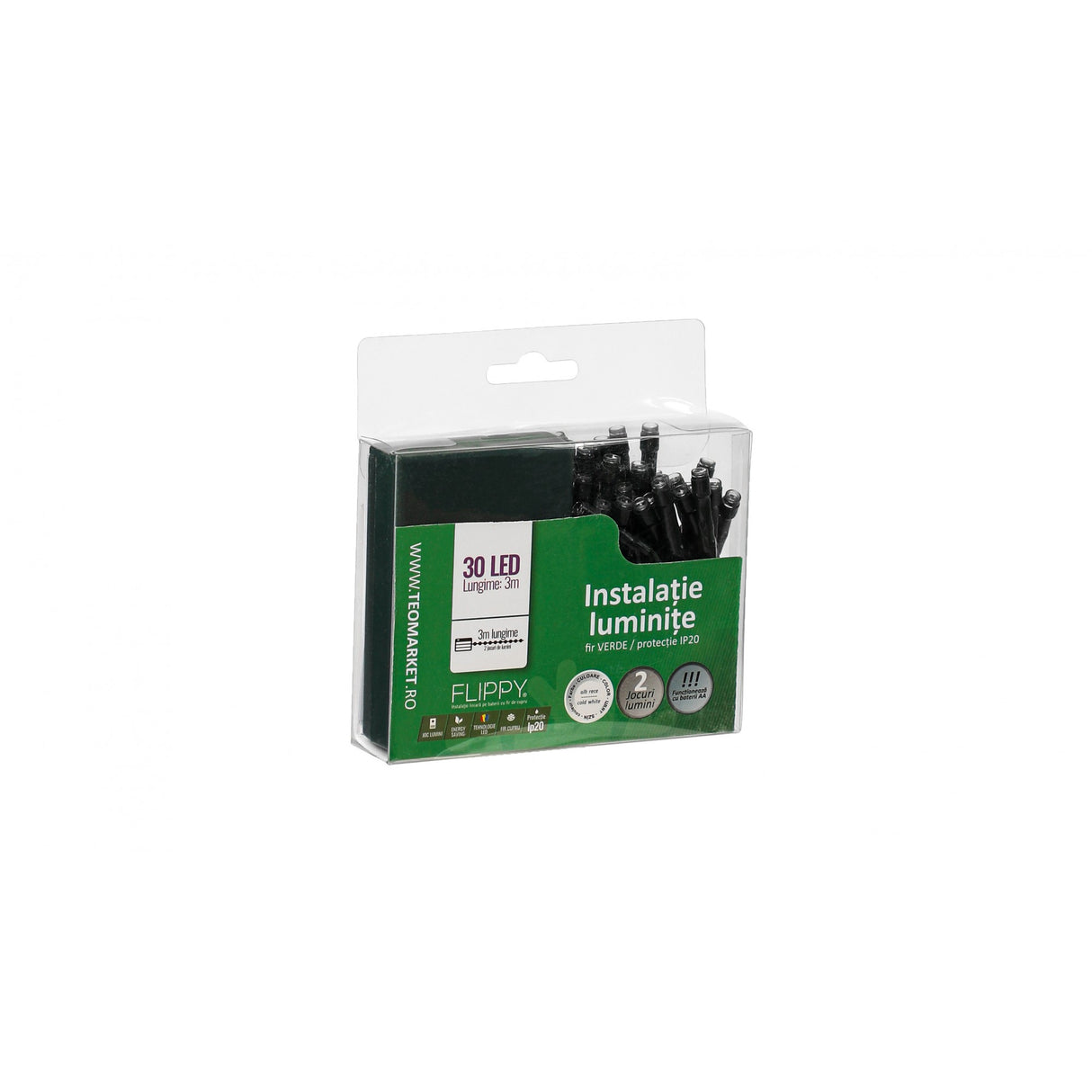 Instalatie de Craciun cu Baterii Tip Liniar, 2 jocuri de lumini, Fir Verde 3 m 30 LED -uri, Alb Rece - vivimall.ro