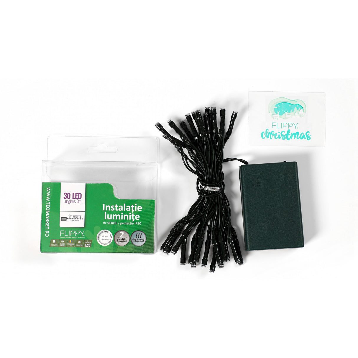 Instalatie de Craciun cu Baterii Tip Liniar, 2 jocuri de lumini, Fir Verde 3 m 30 LED -uri, Alb Rece - vivimall.ro