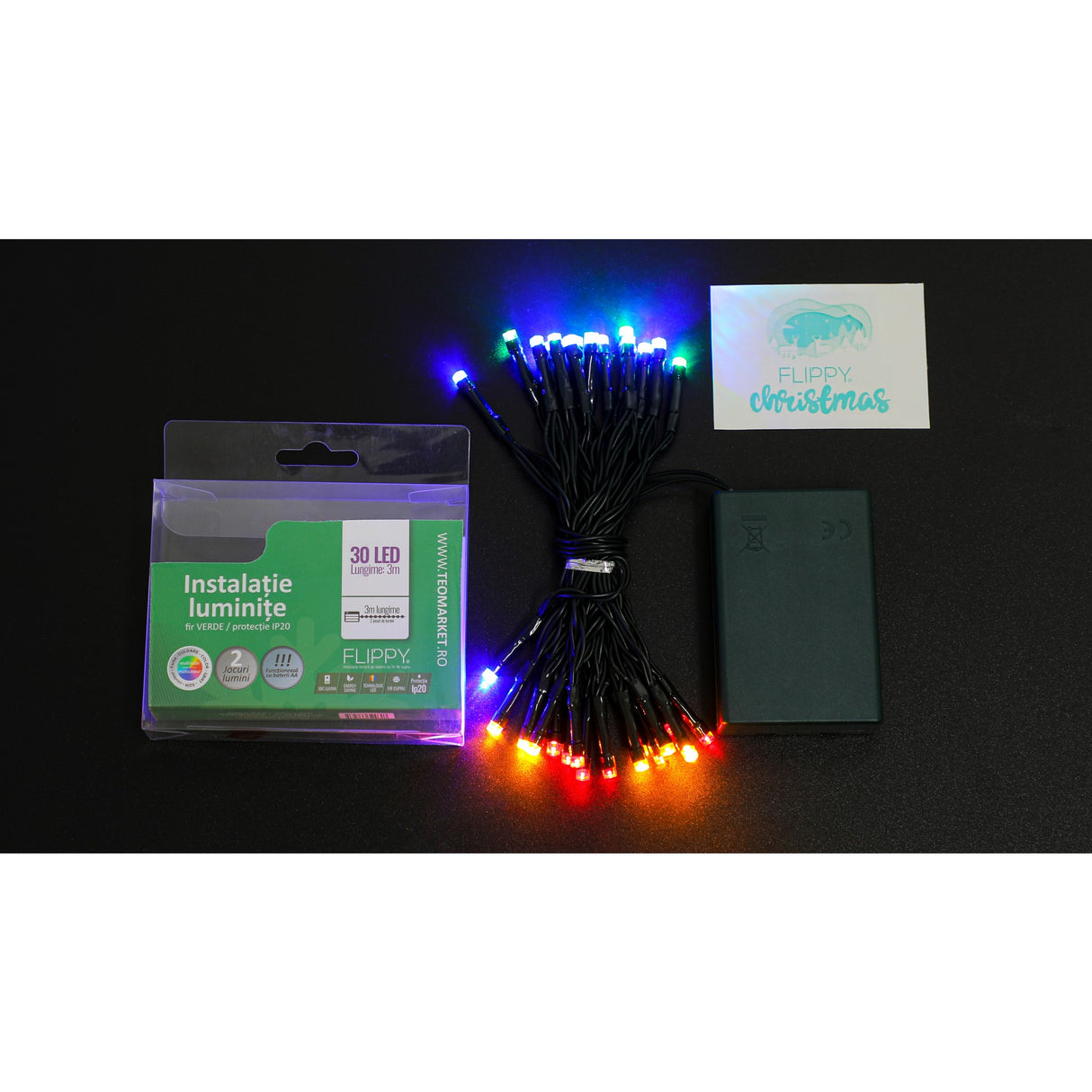 Instalatie de Craciun cu Baterii Tip Liniar, 2 jocuri de lumini, Fir Verde 3 m 30 LED -uri, Multicolor - vivimall.ro