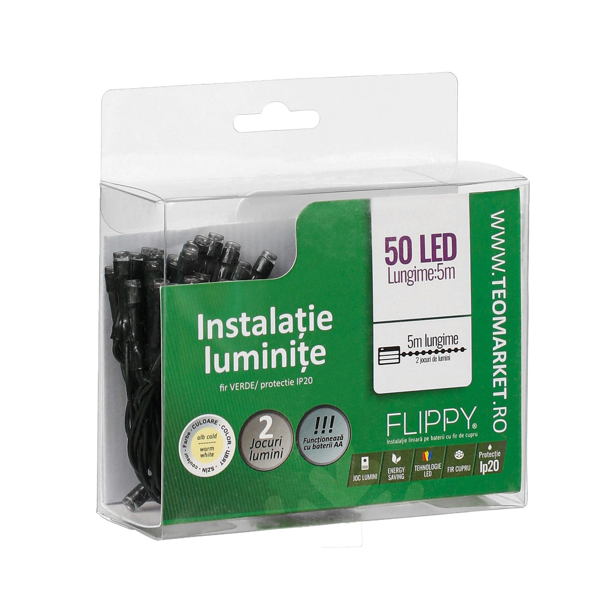 Instalatie de Craciun cu Baterii Tip Liniar, 2 jocuri de lumini, Fir Verde 5 m 50 LED -uri, Alb Cald - vivimall.ro