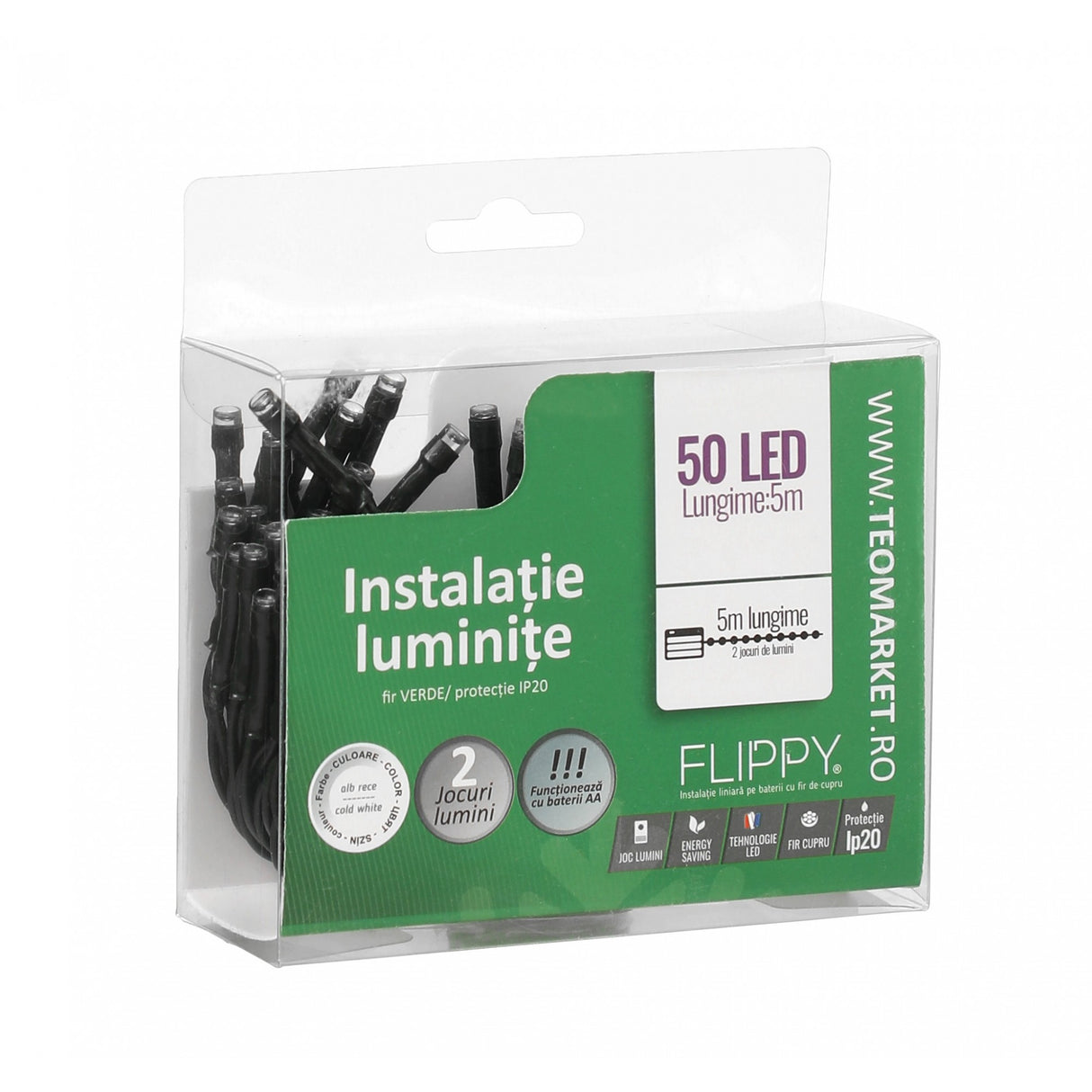 Instalatie de Craciun cu Baterii Tip Liniar, 2 jocuri de lumini, Fir Verde 5 m 50 LED -uri, Alb Rece - vivimall.ro