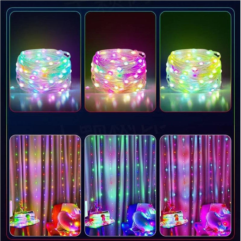 Instalație LED Crăciun 20 m cu 3 fire cupru transparent, detaliu lumini multicolore aprinse
