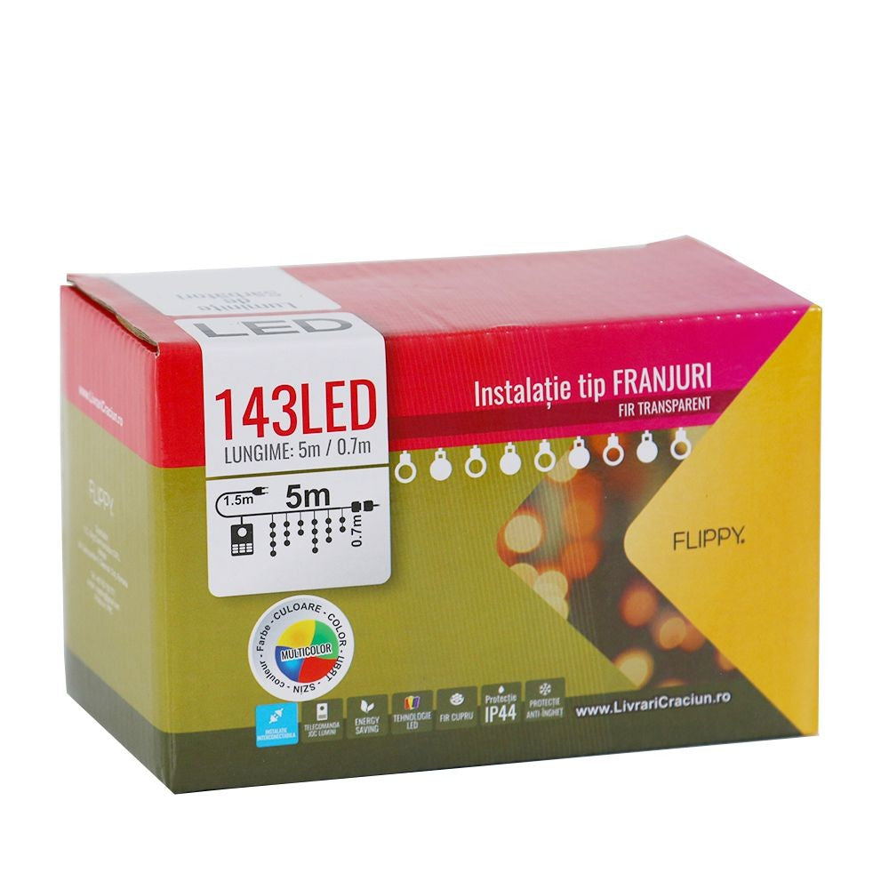 Instalatie de Craciun, Flippy®, Tip Franjuri, 5 m, 143 LED-uri, Interconectabila, Multicolor - vivimall.ro