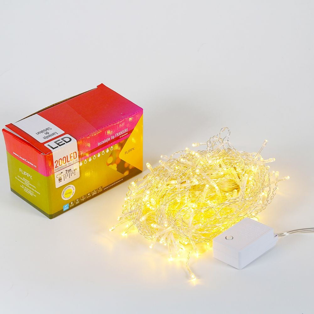 Instalatie de Craciun Flippy® Tip Franjuri, 7 m, 200 LED-uri, Interconectabila, Alb Cald - vivimall.ro