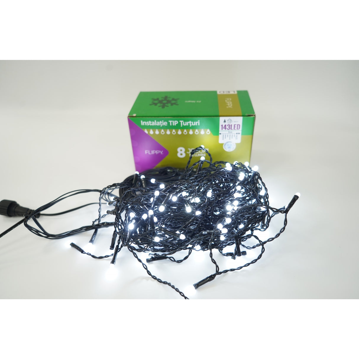Instalatie de Craciun Vivimall® Tip Franjuri, 8 jocuri de lumini, Sectiune 5 m, 143 LED-uri, Interconectabila, Fir Negru, Alb Rece - vivimall.ro
