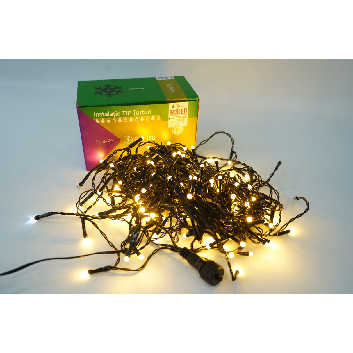 Instalatie de Craciun Vivimall® Tip Franjuri cu Flash, Sectiune 5 m, 143 LED-uri, Interconectabila, Fir Negru, Alb Cald - vivimall.ro