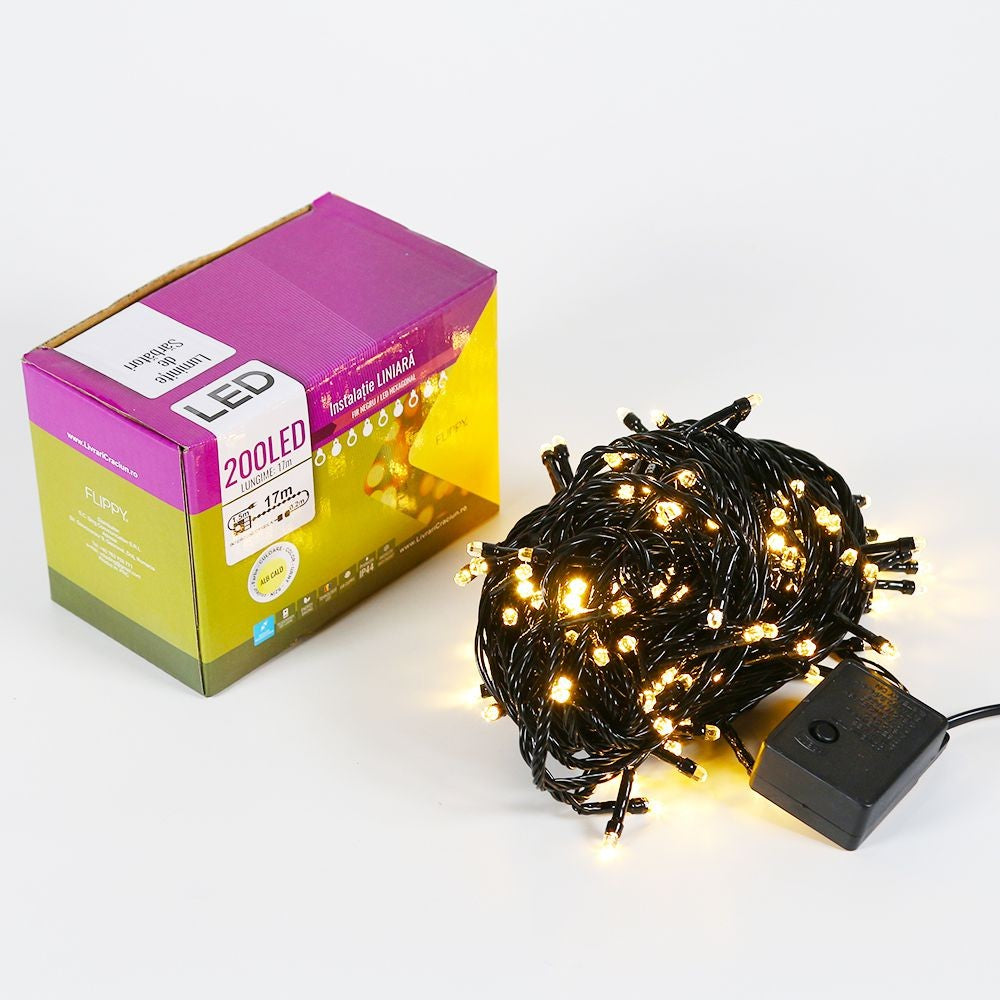 Instalatie de Craciun Flippy® Tip Liniara, 17 m, 200 LED-uri Hexagonale. Interconectabila, Alb Cald - vivimall.ro