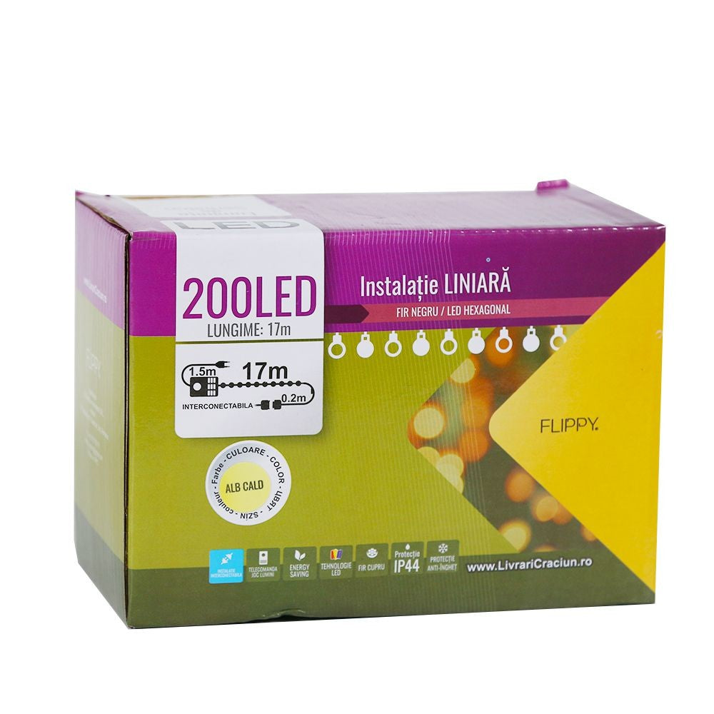 Instalatie de Craciun Flippy® Tip Liniara, 17 m, 200 LED-uri Hexagonale. Interconectabila, Alb Cald - vivimall.ro