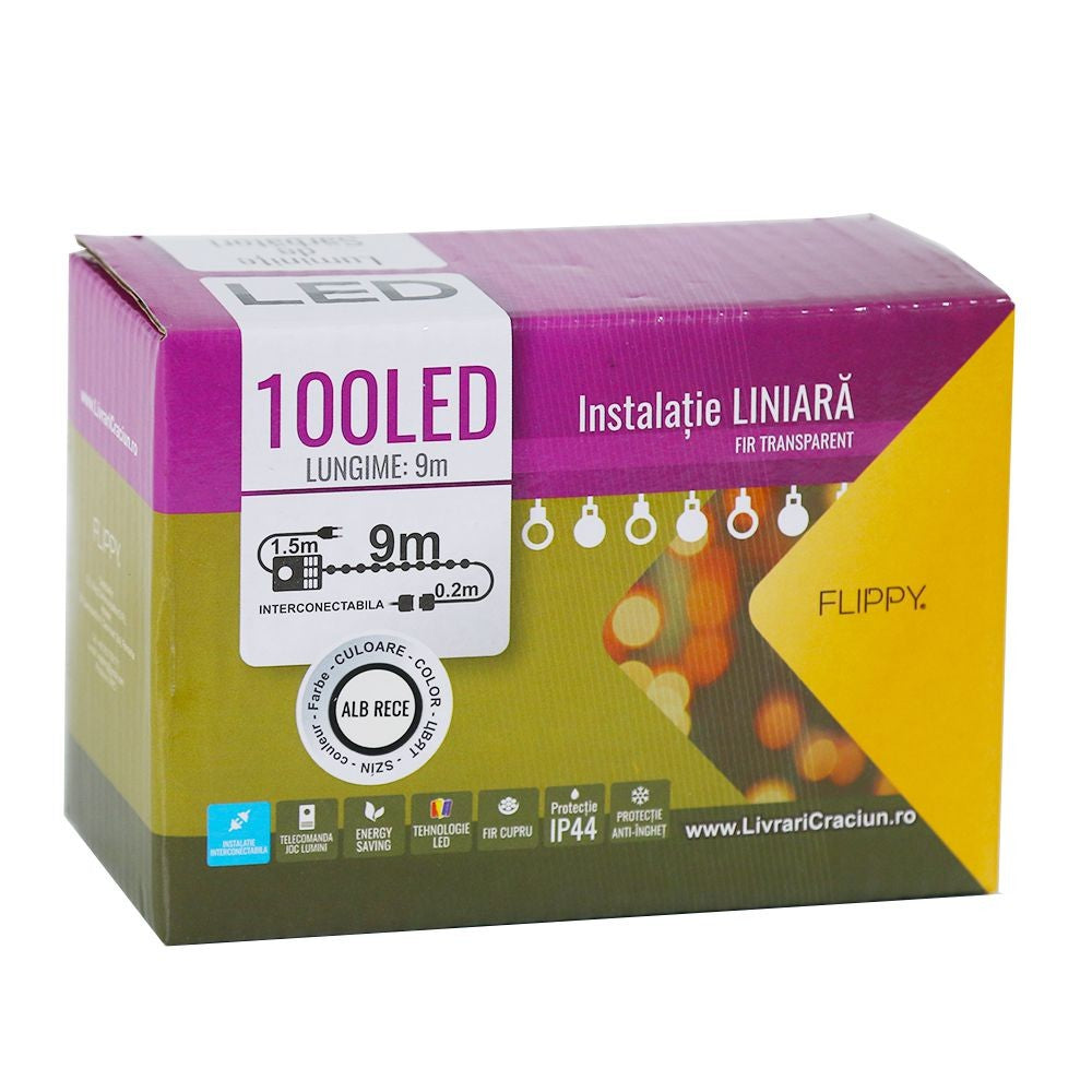 Instalatie de Craciun, Flippy®, Tip Liniara, 9 m, 100 LED-uri, Interconectabila, Alb Rece - vivimall.ro