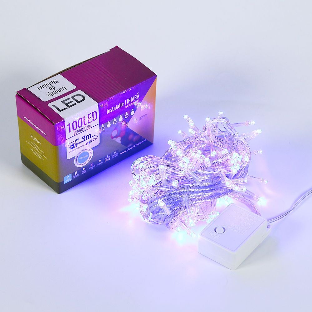 Instalatie de Craciun, Flippy®, Tip Liniara, 9 m, 100 LED-uri, Interconectabila, Albastru - vivimall.ro