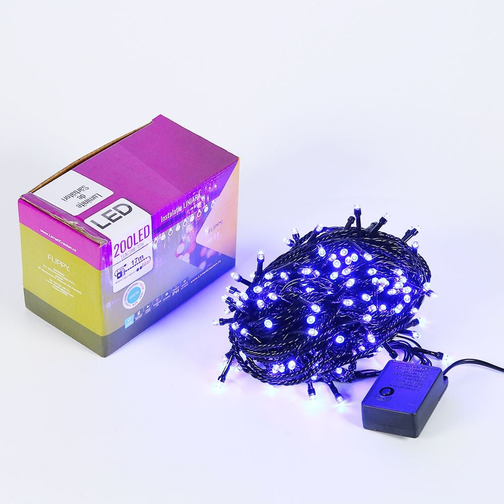 Instalatie de Craciun Flippy® Tip Liniara,Fir Negru, 17 m, 200 LED-uri ,Interconectabila, Albastru - vivimall.ro