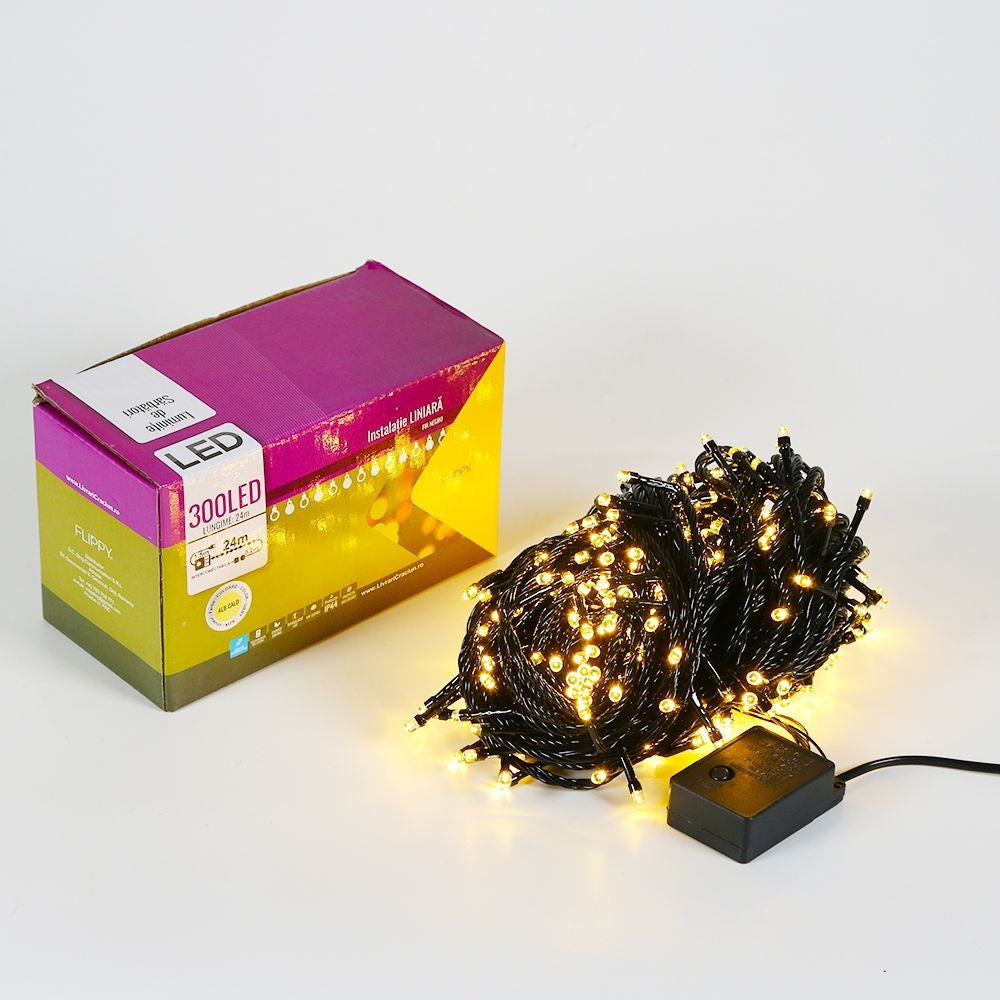 Instalatie de Craciun Flippy® Tip Liniara, Fir Negru, 24 m, 300 LED-uri, Interconectabila, Alb Cald - vivimall.ro