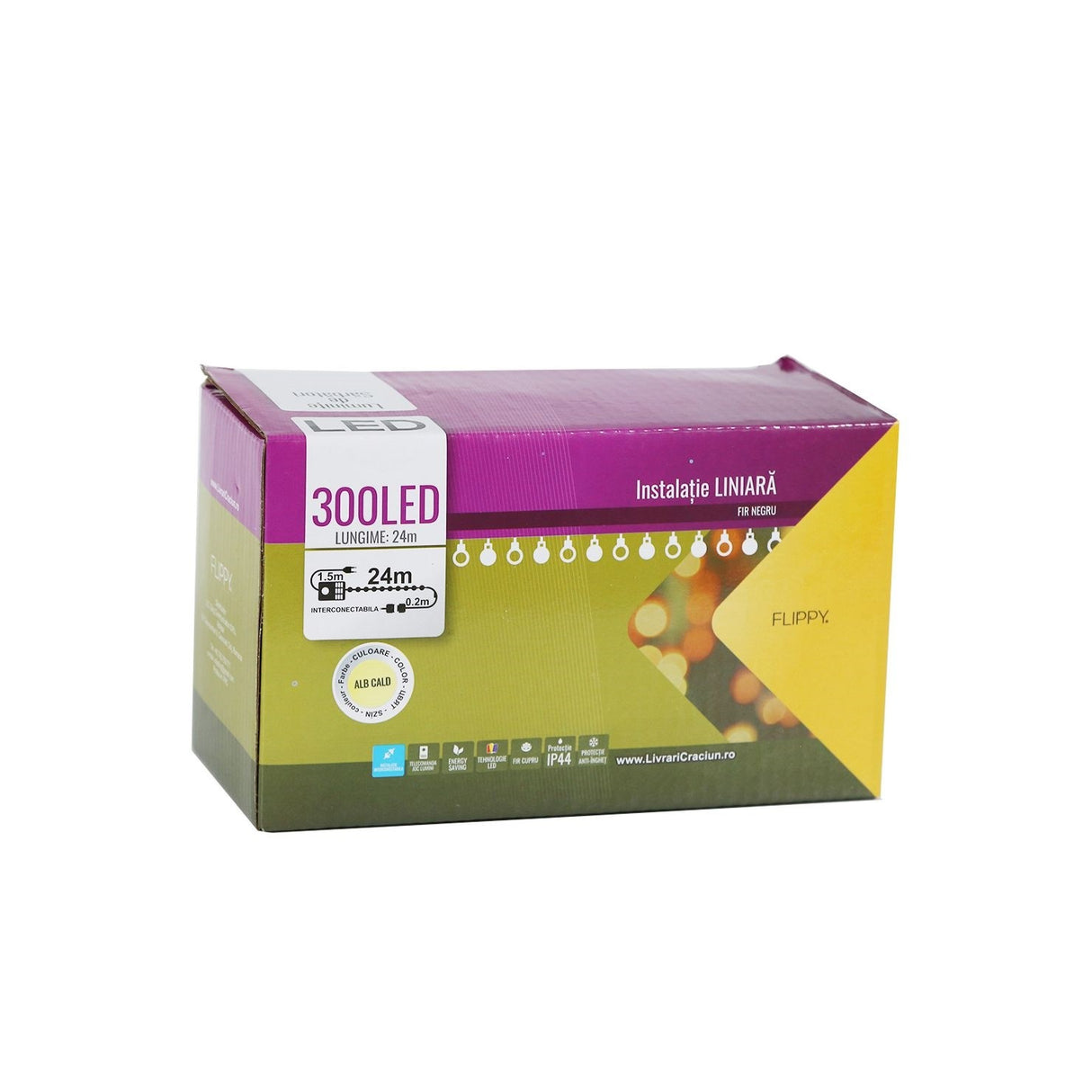 Instalatie de Craciun Flippy® Tip Liniara, Fir Negru, 24 m, 300 LED-uri, Interconectabila, Alb Cald - vivimall.ro