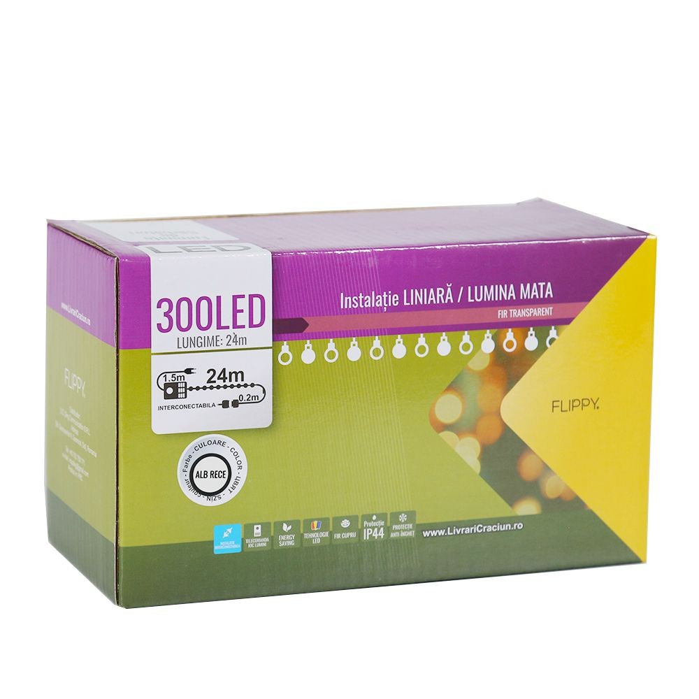 Instalatie de Craciun Flippy® Tip Liniara, Fir Negru, 24 m, 300 LED-uri Mici Rotunde, Interconectabila, Alb Rece - vivimall.ro