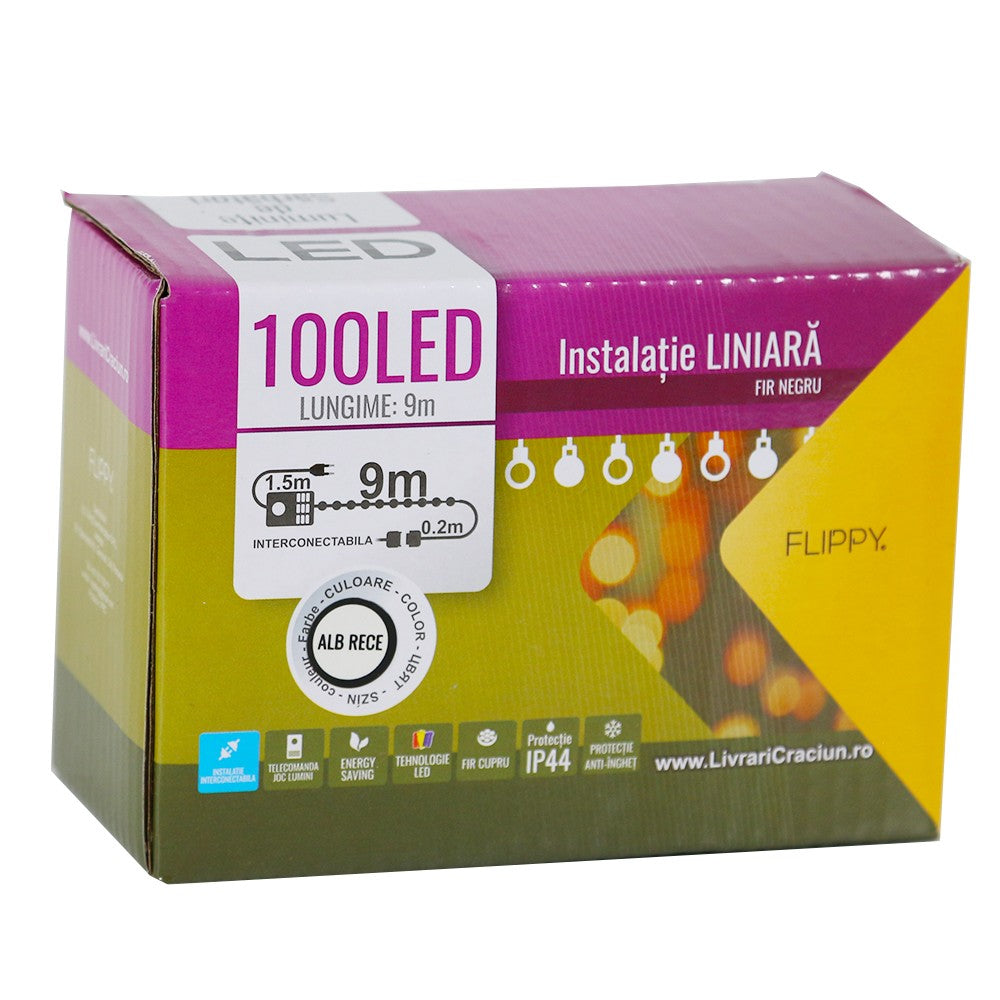 Instalatie de Craciun Flippy® Tip Liniara, Fir Negru, 9 m, 100 LED-uri, Interconectabila, Alb Rece - vivimall.ro