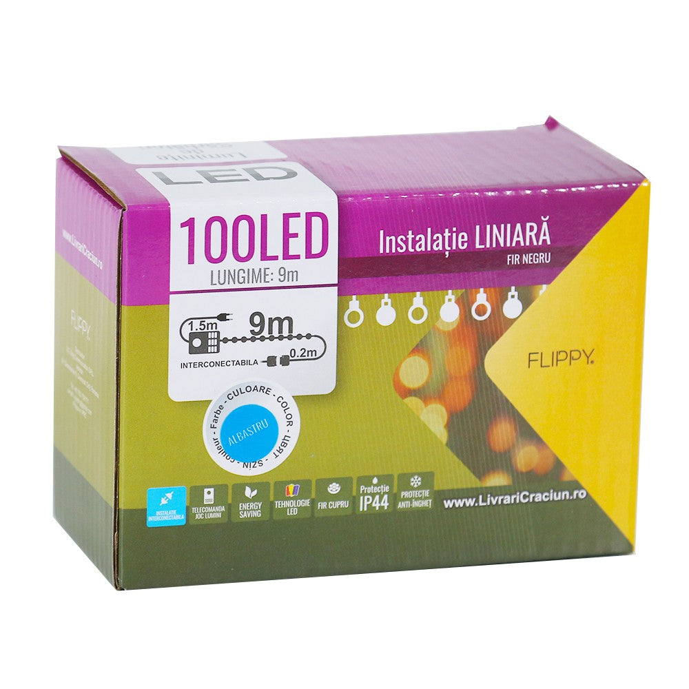 Instalatie de Craciun, Flippy®, Tip Liniara, Fir Negru, 9 m, 100 LED -uri, Interconectabila, Albastru - vivimall.ro