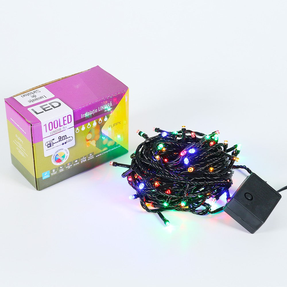 Instalatie de Craciun, Flippy®, Tip Liniara, Fir Negru, 9 m 100 LED-uri Interconectabila, Multicolor - vivimall.ro