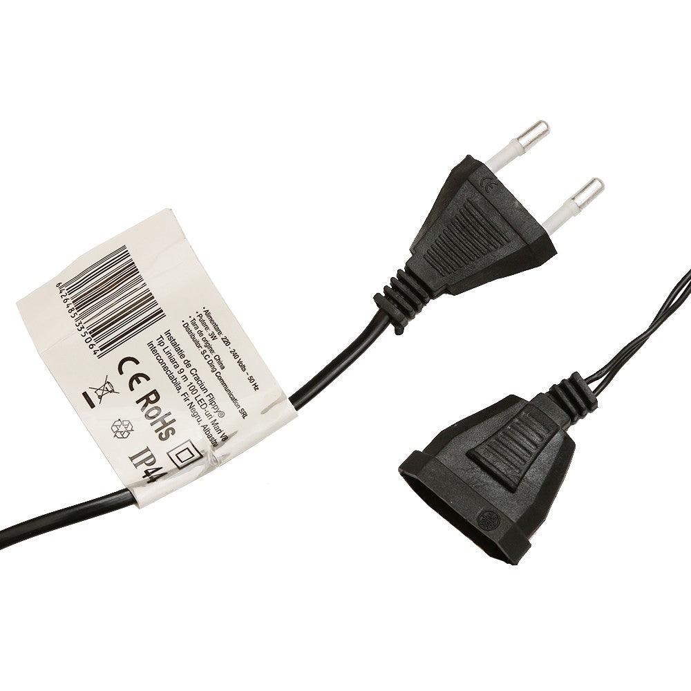 Instalatie de Craciun Flippy® Tip Liniara, Fir Negru, 9 m, 100 LED-uri Mari Rotunde, Interconectabila, Albastru - vivimall.ro