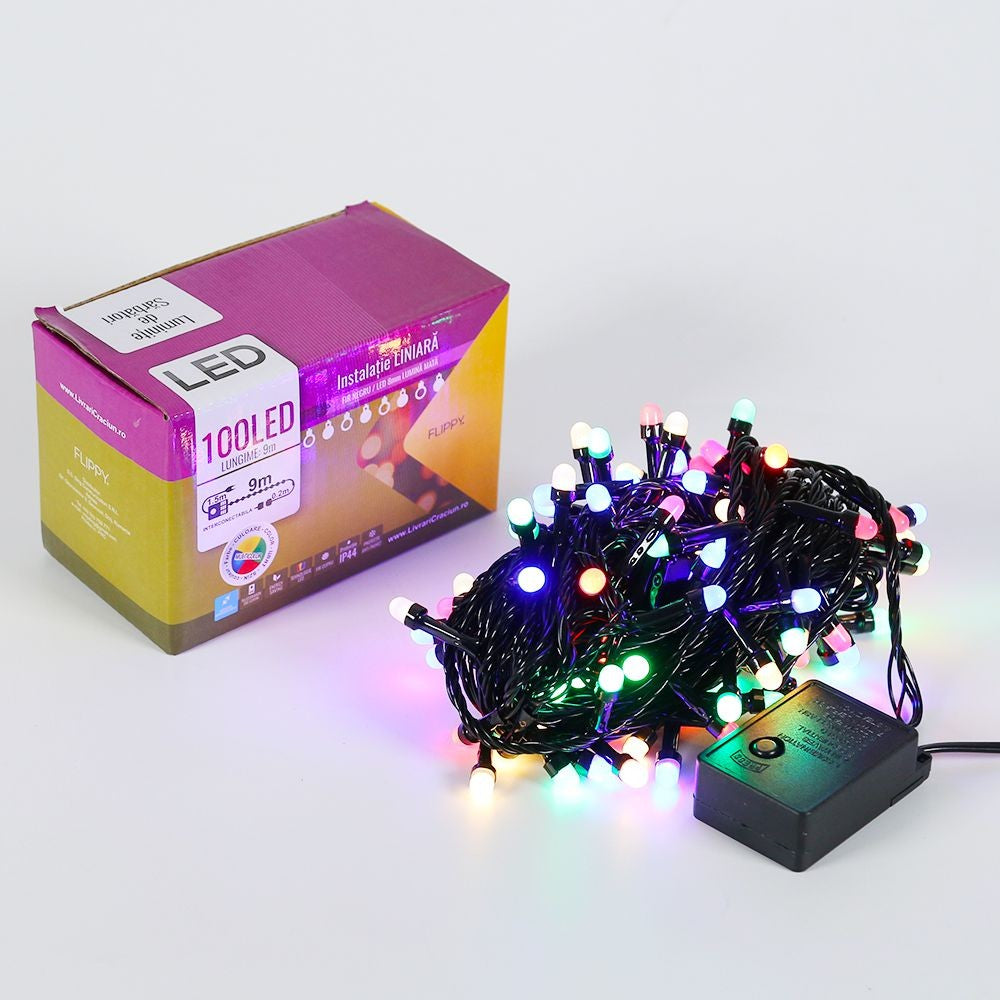 Instalatie de Craciun Flippy® Tip Liniara, Fir Negru, 9 m, 100 LED-uri Mari Rotunde, Interconectabila, Multicolor - vivimall.ro