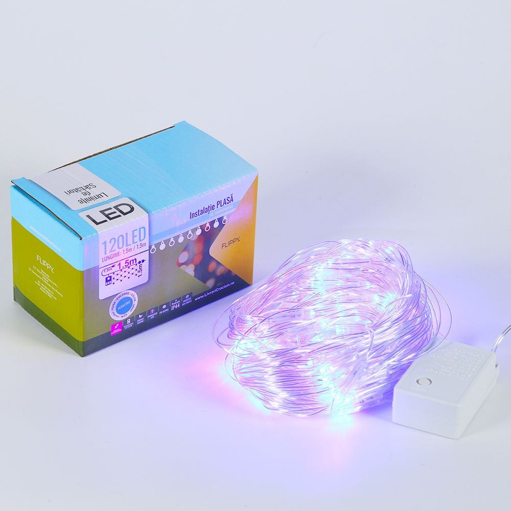 Instalatie de Craciun, Flippy®, Tip Plasa, 1.5 x 1.5 m, 120 LED-uri, Interconectabila, Albastru - vivimall.ro