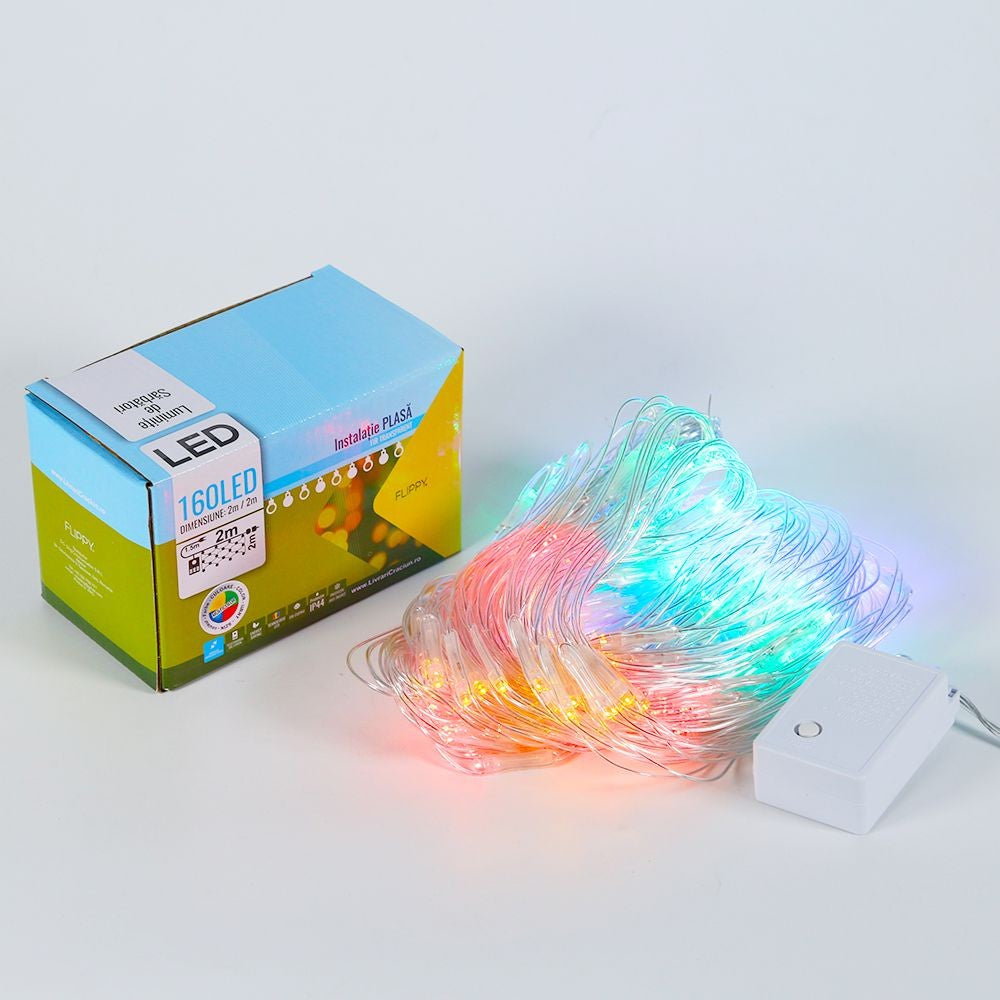 Instalatie de Craciun, Flippy®, Tip Plasa, 2 x 2 m, 160 LED-uri, Interconectabila, Multicolor - vivimall.ro